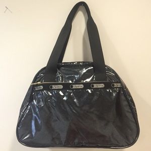 LeSportsac black shimmery fabric handbag