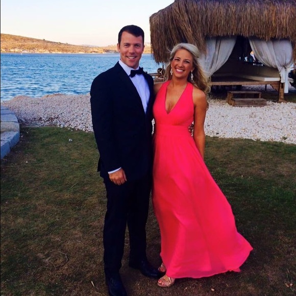 Fuchsia chiffon gown with cutouts