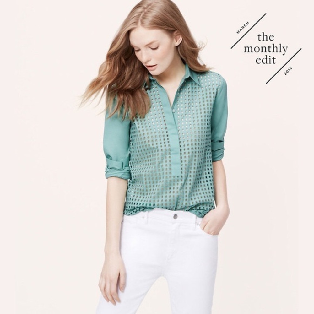 Loft geo eyelet half button up shirt