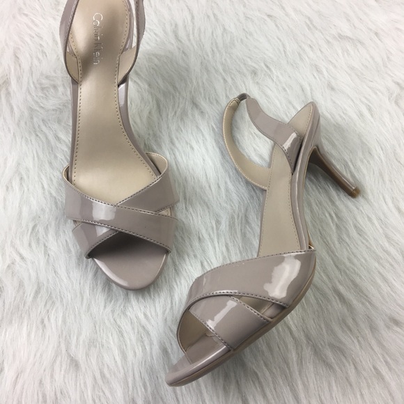 Calvin Klein tan gray patent leather peep toe heel - Picture 3 of 4