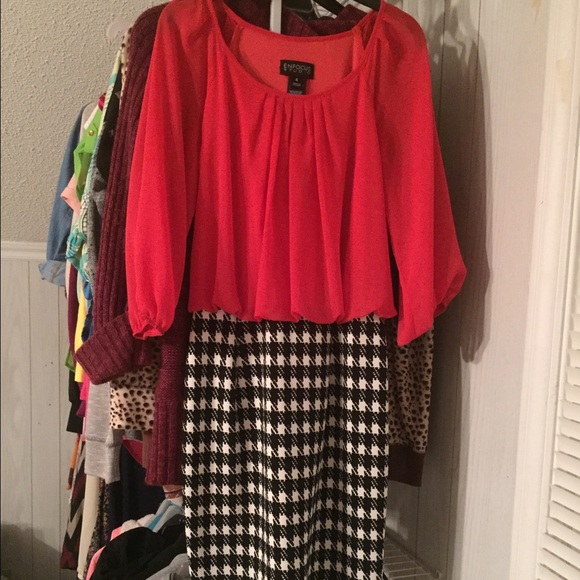 Red, black, and white dress.