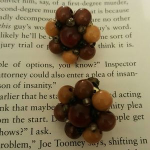 Wood bead flower bunch vintage clip earrings