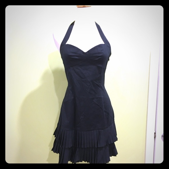 BCBGMaxazria black halter cotton mini ruffle dress