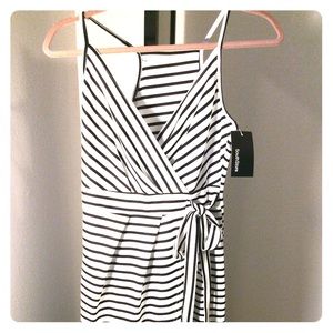 Black and white striped mock wrap dress