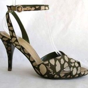 YVES SAINT LAURENT green and beige silk heels 38.5
