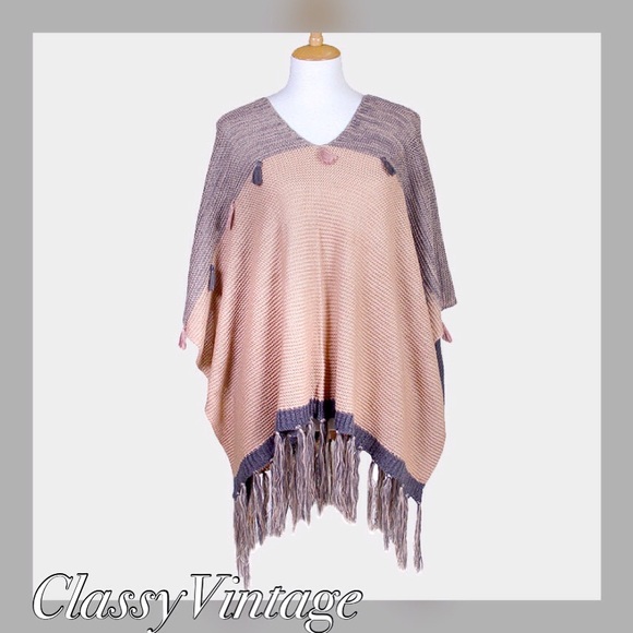 Jackets & Blazers - Tasseled pink and grey poncho sweater