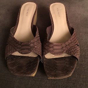 Mocha faux crocodile leather wedge slides