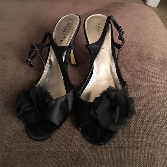 Black satin strappy sandals with sheer flower