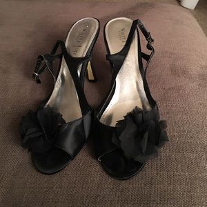 Black satin strappy sandals with sheer flower
