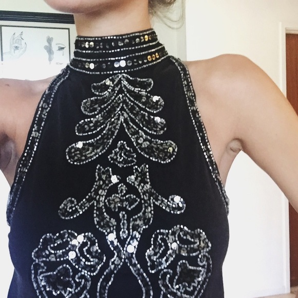 Sequined black halter top