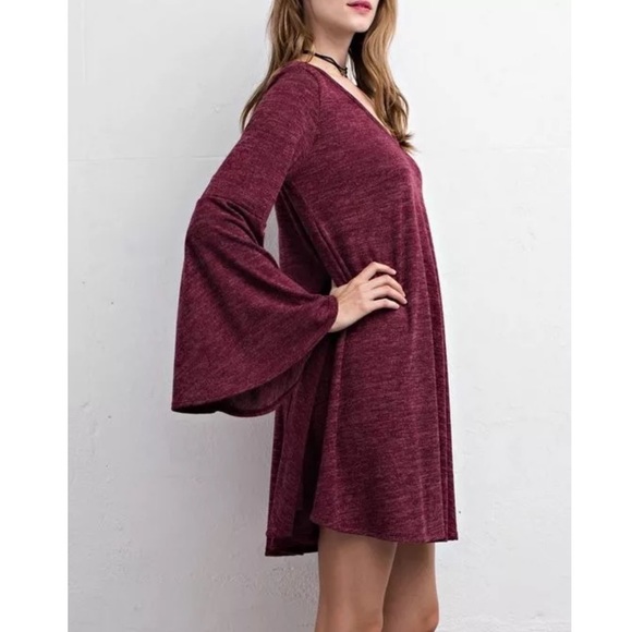 SWING DRESS Stretchy Bell Sleeve Draped Mini Tunic - Picture 3 of 8