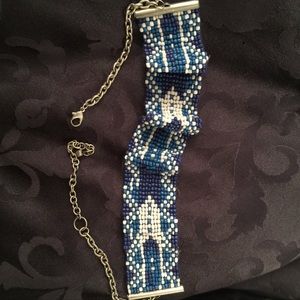 Blue and white beaded choker