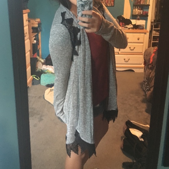 1 LEFT - Gray Long Sleeve Lace Cardigan - Picture 2 of 4
