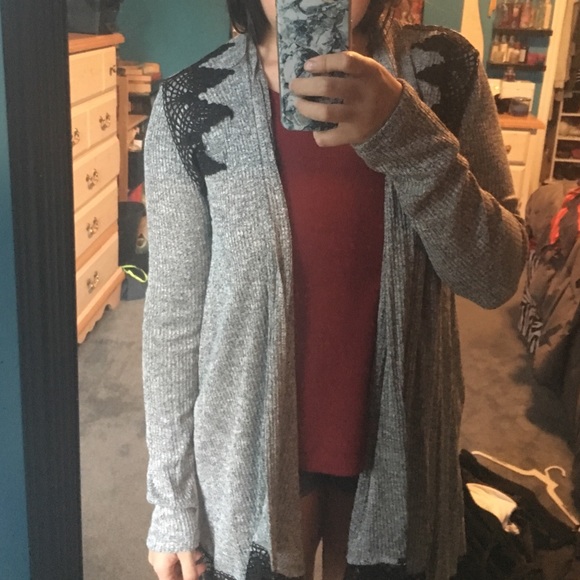 1 LEFT - Gray Long Sleeve Lace Cardigan - Picture 4 of 4