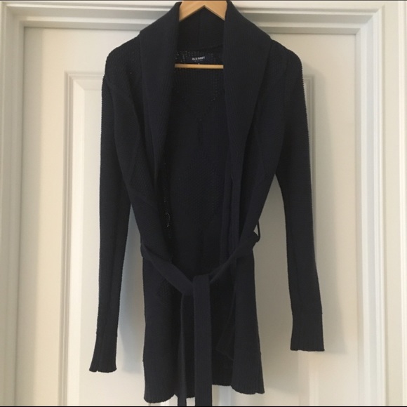 Navy cable-knit cardigan sweater