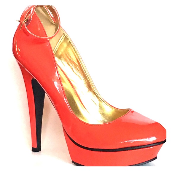 Red ankle strap almond toe platform stiletto