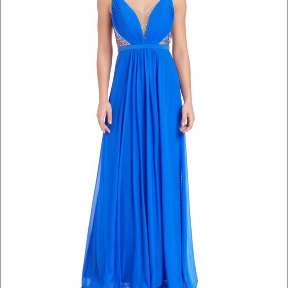 La Femme blue gown with rhinestones and open back