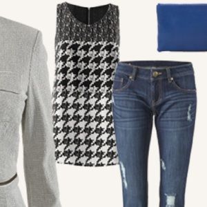 CAbi black and white patterned sleeveless top.