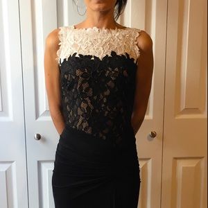 Lace & draped tulle boatneck gown w/a front-split