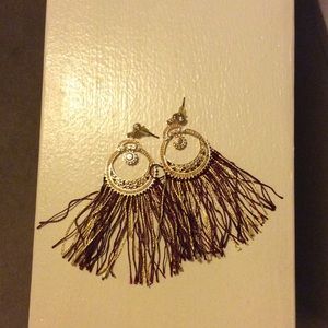 Gold toned maroon & gold material pierced earrings