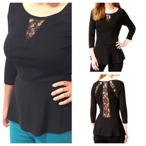 INC Black peplum illusion-lace sweater