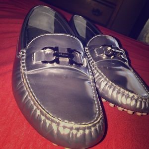 Gray/Silver Ferragamo Loafers.
