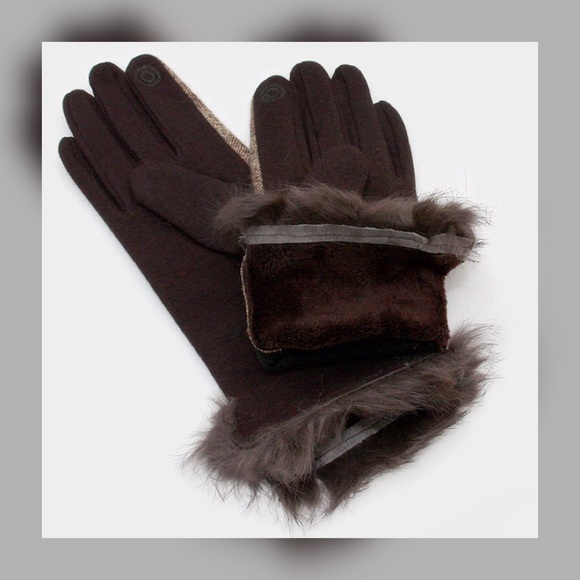 Brown plaid touch screen gloves angora trim - Picture 2 of 2