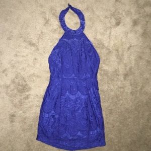 Blue Lace High Neck Dress with Open Back
