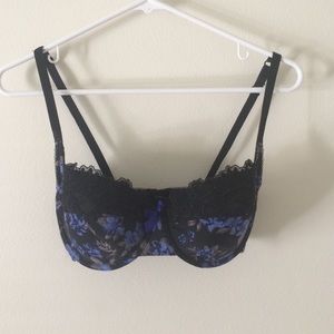 Blue and black floral print bra