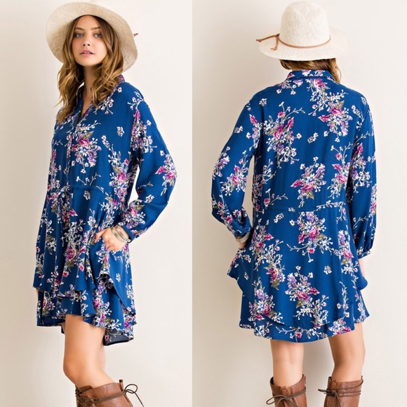 🆕LYNH floral long sleeve dress w/pockets - BLUE - Picture 2 of 2