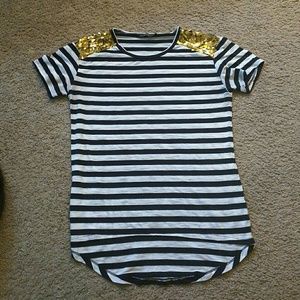 Navy/White Striped Tee Shirt with Gold Sequins