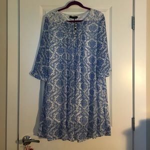 Ice Silk Blue and White Sleeved Shift Dress