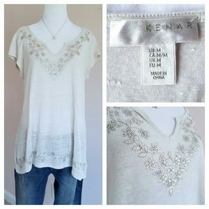 100% Linen Embellished Tee by Kenar