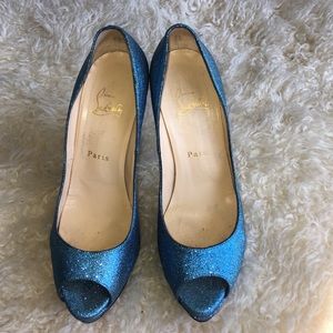 Christian Louboutin blue glitter peep platform