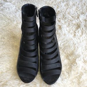 Gucci black suede elastic strap cage heels