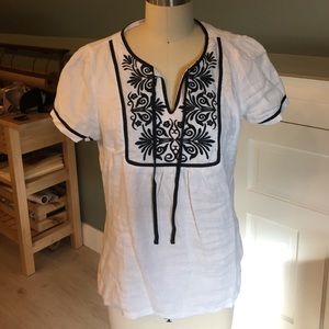 Perfect Embroidered Linen Boho Blouse w/ Tie Neck