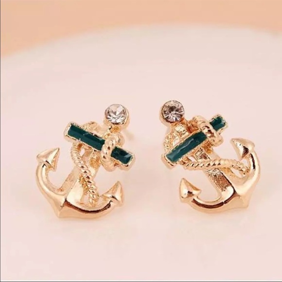 Nautical Beach Sea Anchor Crystal Stud Earrings - Picture 2 of 3