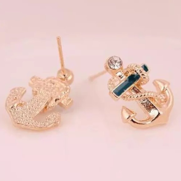 Nautical Beach Sea Anchor Crystal Stud Earrings - Picture 3 of 3