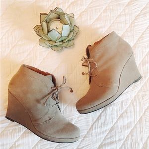 Light tan suede wedge ankle booties