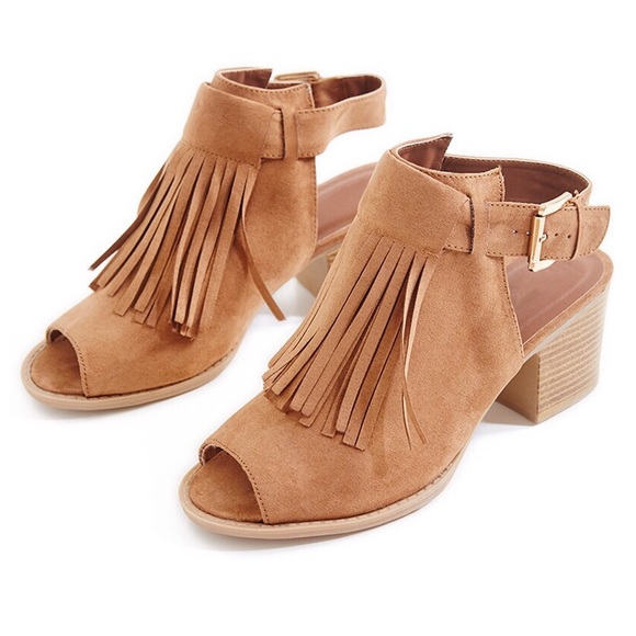 Camel Boho Faux Suede Fringe Chunky Heels