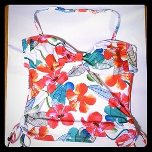 Tropical cutout back halter neck tankini