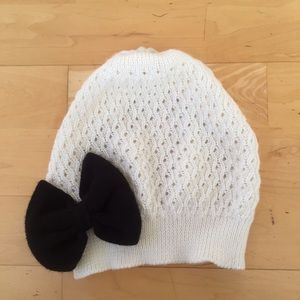 White Knitted Beanie with Black Bow