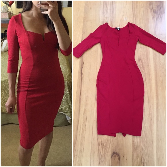 Red midi 3/4 sleeve bodycon dress