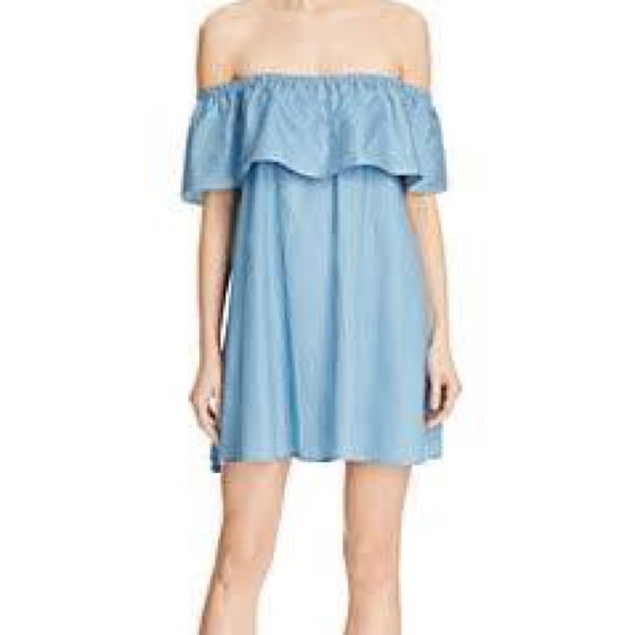 MINKPINK BLUE CHAMBRAY OFF THE SHOULDER DRESS