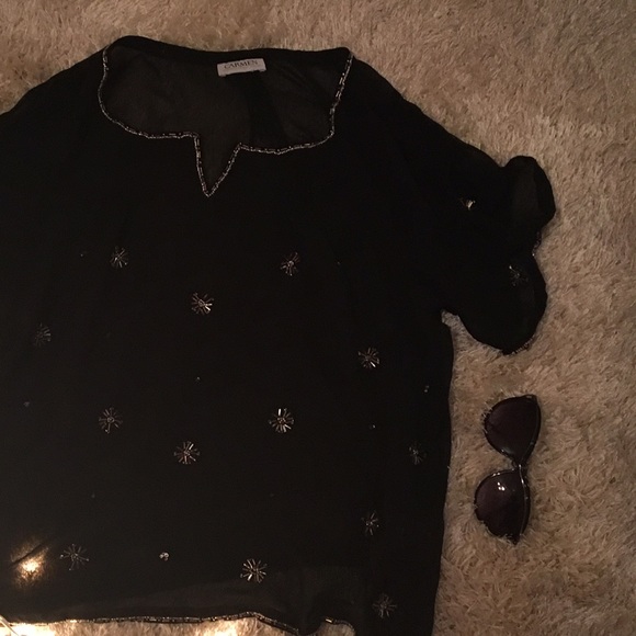 Carmen Marc Valvo Tops - Black Carmen Blouse with Beading Accents