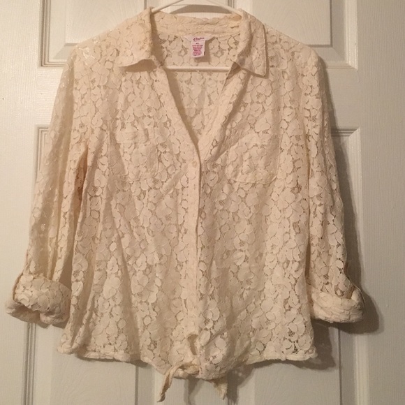 Lace Button-Down Blouse with Tie Bottom