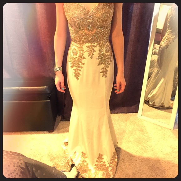 White and Gold Beaded Prom Dress / Gown