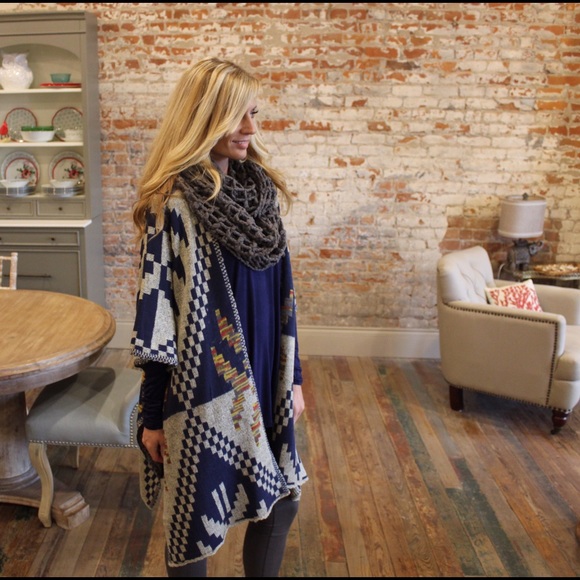 Navy and gray printed long pancho style cardigan - Picture 2 of 4