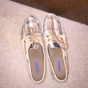 Sperry Topsider, tan plaid, size 10. Hardly worn.