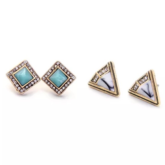 TURQUOISE, MARBLE & GOLD STUD EARRINGS SET - Picture 1 of 4